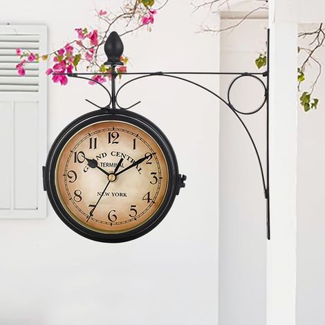 21,8 x 21,8 cm,Horloge de Gare Rétro Double Face, Jardin Train Gare Horloge Murale, Nombre Horloge Murale en Fer, pour L’intérieur et L’extérieur Maison Terrasse Jardin Cuisine Cour Séjour (1/5)