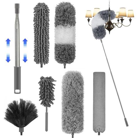 Lot de 7 plumeaux télescopiques lavables en microfibre jusqu'à 280 cm de long, en microfibre et acier inoxydable avec manche télescopique, balai d'angle flexible, extracteur de toiles d'araignée pour (1/5)