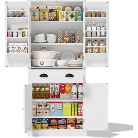Hochschrank Küche, Stauraumschrank mit Schublade und 4 Türen, 2 Türen mit 6 Einlegeböden, 4 verstellbare Regalböden, robustes MDF, 80×40×180 cm, Weiß