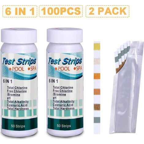 Schwimmbad-Teststreifen, 6-in-1-Wasserqualitätsteststreifen, Teststreifen-Set für pH-Wert, Gesamtchlor, freies Chlor, Gesamtalkalität, Gesamthärte, Cyanursäure (100 Stück) (1/5)