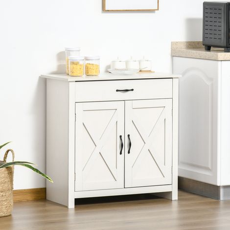 Buffet salon, meuble de rangement avec tiroir, 2 portes de grange et étagère réglable, blanc, 80 x 39,7 x 80 centimètres