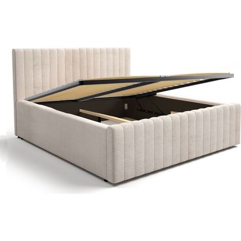 Cama con canapé ELORIA 160x200 en tejido rizado beige con cabecero capitoné y somier incluido (1/5)