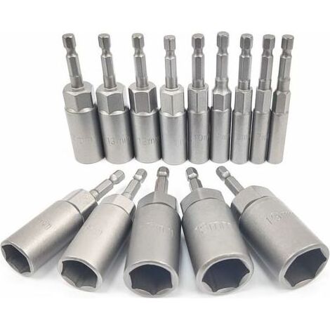 Satz mit 14 tiefen Steckschlüsseln, 6-19 mm Sechskantadapter, 34 mm Schnitttiefe, Sechskant-Steckschlüssel für Schraubendreher, Schlagschrauber, Steckschlüssel (1/5)