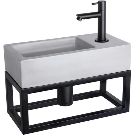Differnz Ravo kit lave-mains - 38,5x18,5x25cm - Rectangulaire - 1 trou de robinet - Robinet droit noir mat - avec cadre noir - béton gris clair (1/5)