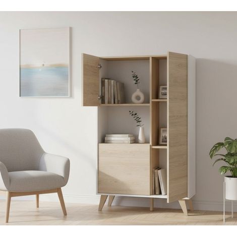 Dmora - Aparador Damraba, Buffet alto para salón, Aparador moderno para salón con 3 puertas, 81x43h135 cm, Roble y Blanco (1/5)