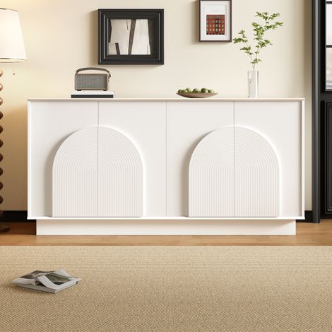 Buffet en MDF blanc mat 160 x 38 x 80 cm, 4 portes à panneaux courbés et étagères intérieures (1/5)