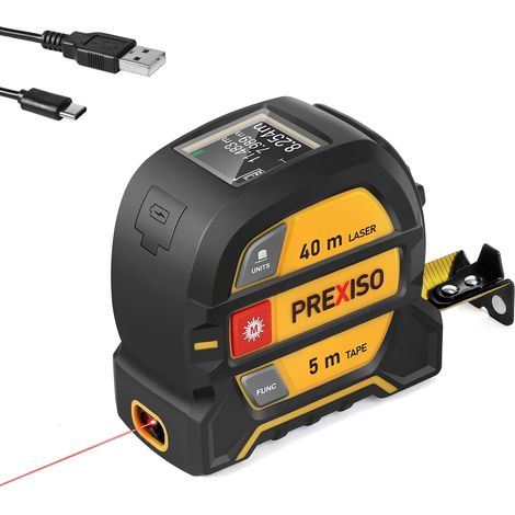 Télémètre Laser 2 en 1, Mètre Ruban de 5M Rechargeable  Outil de Mesure avec Crochet Magnétique Mobile et Laser de 40M, Mode Pythagore, Unité à Changement Libre (1/5)