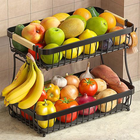 Panier de fruits à double couche avec porte - banane, bol en métal amovible poignée en bois, coussin de protection inclus. Porte - pain multifonctionnel, snacks et légumes. (1/5)
