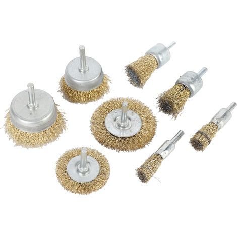 Ensemble de 8 brosses métalliques à gros poils ondulés pour éliminer la rouille, la peinture et le tartre, compatibles avec les perceuses et les meuleuses d'angle. (1/5)
