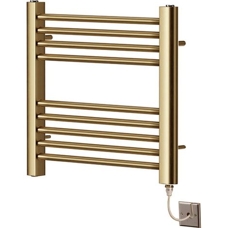 York Flat Brushed Brass Electric Towel Rail 400mm Wide x 600mm High (1/4)