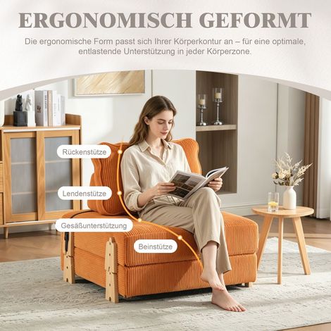 Canapé-lit style scandinave couchage d'appoint revêtement en velours côtelé coloris orange structure pliable pieds en bois style (1/2)