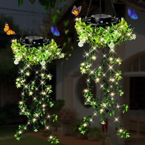 QORVA-Lampe Solaire Exterieur, 2 Pcs 66 LED Plante Artificielle Guirlande Solaire Exterieur, IP65 Fausse Plante Lanterne Solaire Suspendues, Maison