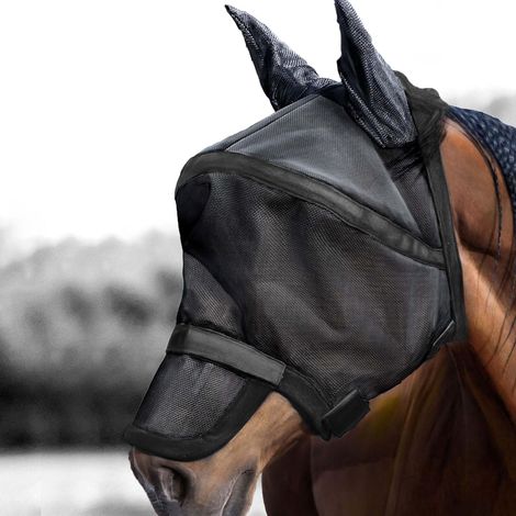 Masque Anti-Mouches pour Cheval, Protection UV, Couvre-Nez Amovible, Masque 2 en 1, Fuchsia Noir, Taille L (1/4)