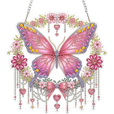 Peinture diamant 5D Papillon Décoration de fenêtre avec chaîne, Set de décoration pendentif rose