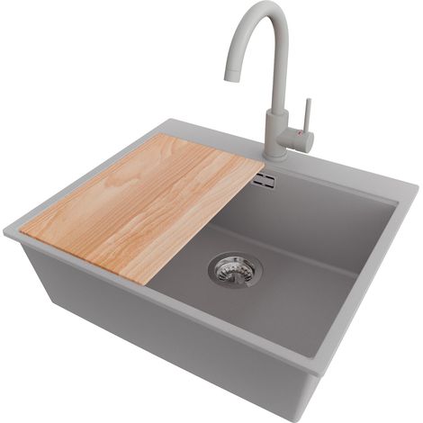 PRIMAGRAN Evier Cuisine en Granit 58x50cm,Lavabo 1 bac + Robinet 32x20cm + Kit de Vidage + Planche à Découper, Évier à Encastrer au meuble 60cm - Oslo, Gris (1/5)