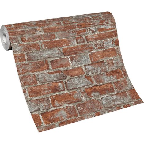 Papier peint intissé design fausse brique rouge Tapisserie à motif rouge & grise pour cuisine Papier peint imitation pierre usé style industriel (1/5)