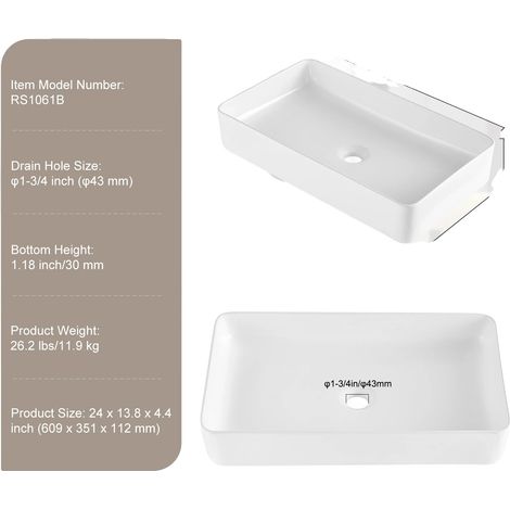 Vasque, céramique rectangulaire, drainage efficace, 24x13.8 in (1/2)