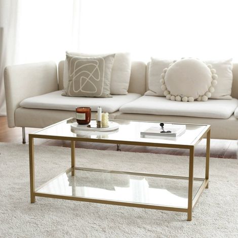 Dmora - Mesa de café Diphda, Mesa de centro baja, Revistero para sofá, Estante de la sala de estar, 90x60h40 cm, Oro, con embalaje reforzado (1/5)
