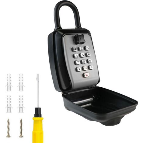 Caja de seguridad para llaves grande para exteriores, impermeable, para montaje en pared, con cerradura de combinación de 12 dígitos y gancho - Gris-Crezuo
