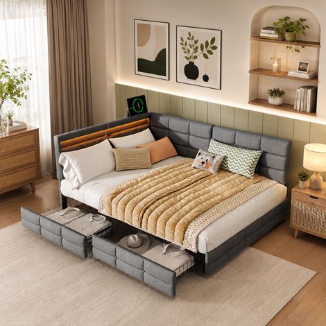 Lit coffre 140×190cm, lumière LED, lit double avec port USB, lit capitonné en L avec 2 tiroirs, tête de lit avec espace de rangement, style moderne, sommier à lattes, lit adulte, lit ados, Lin, Gris (1/5)