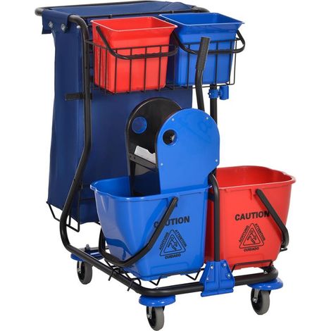 CARRELLO PULIZIE CON SACCO PER IMMONDIZIA. 4 SECCHI E STRIZZATORE PER MOCIO. 93X80X97 CM. ROSSO BLU E NERO (1/5)