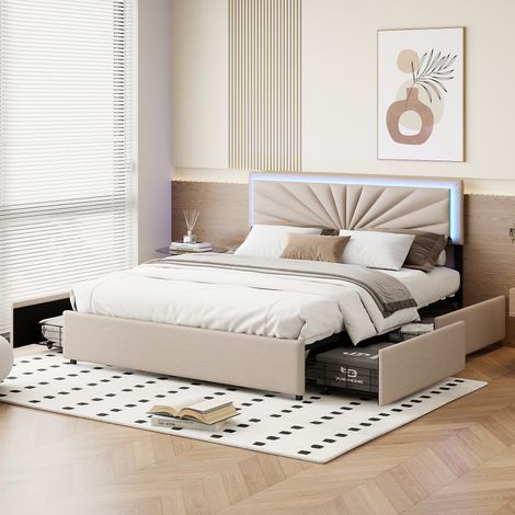 Lit coffre double adulte 160x200 cm en lin beige avec 4 tiroirs, tête de lit LED, style minimaliste (1/4)