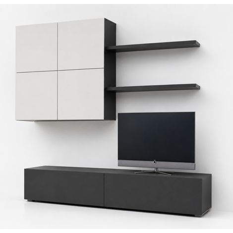 Parete Attrezzata Mobile Soggiorno Moderno Con Base TV 2 Ante Pensile 4 Ante e 2 Mensole Design Contemporaneo in Melaminico Facile da Pulire 200 x 194 x 40 cm Bianco e Grigio grafite (1/5)