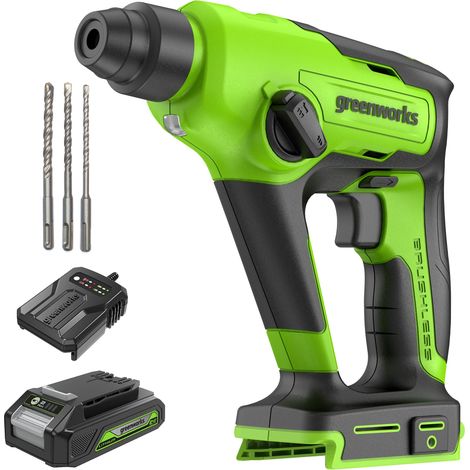 Greenworks Tools Perceuse à percussion sans fil GD24SDS1K2 (Li-Ion 24V SDS 1.2 Joule, calcestruzzo, martello/foratura, 2 modalità velocità, batteria al litio da 2 Ah e caricatore), Grey, Green, Black (1/4)