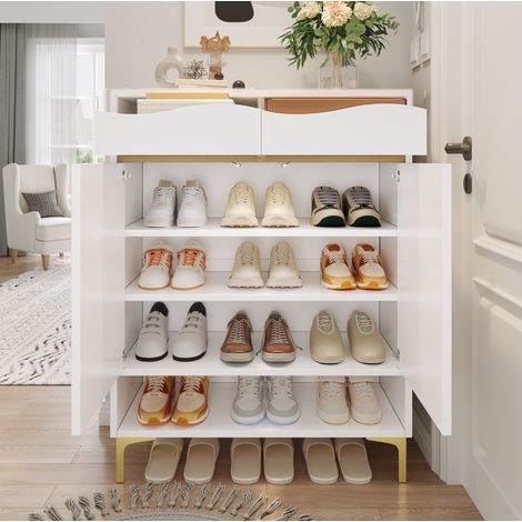 MEUBLIV Meuble à chaussures blanc 80x35x105 cm – LED 16 couleurs, 2 tiroirs et 2 portes (1/4)