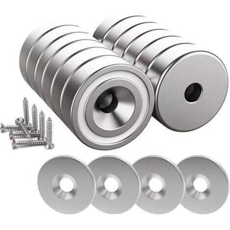 12 magneti al neodimio, forza di attrazione 10 kg, 20 x 7 mm con foro e cappuccio, magnete a pentola svasato con vite e 12 dischi in acciaio (argento chiaro) (1/4)