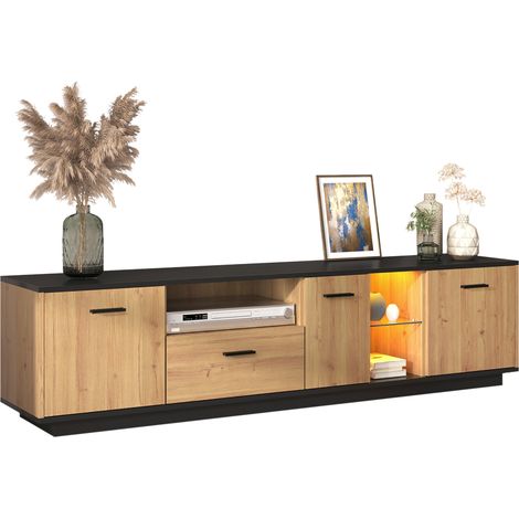 Meuble TV avec 1 tiroir, 3 portes, 2 niches ouvertes et LED Bluetooth 16 couleurs, noir et bois, MDF, 180 cm, salon moderne CHICFURN (1/5)