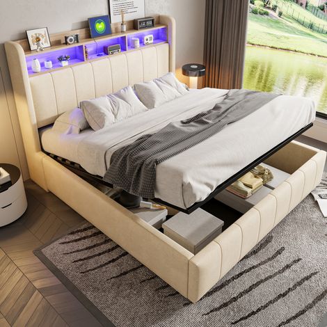 lit coffre 160x200 LED USB en tissu beige avec rangement HAVRYA (1/5)