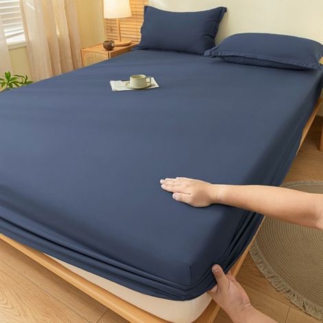 Drap-housse, housse de couette, couvre-lit en coton uni, protège-matelas (1 pièce) - Bleu clair - 140 x 200 cm (1/4)