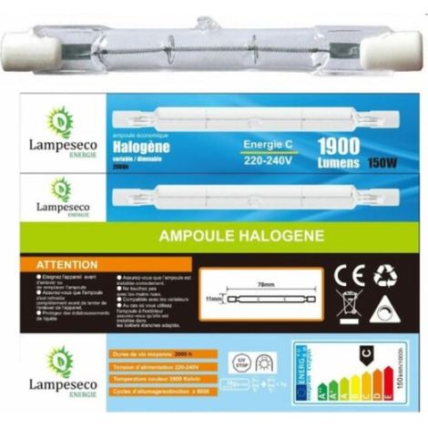 Lampesecoenergie – Ampoule halogène R7s 150W 78mm – Lumière chaude 2800K dimmable – Alimentation 220-240V – Indice de protection IP20