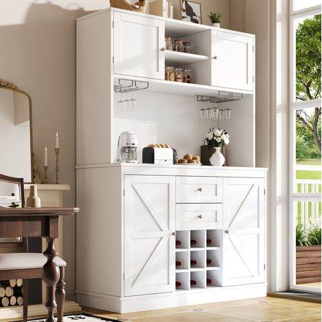 Buffet de cuisine 120x40x188 cm blanc en MDF et métal avec étagères réglables, tiroirs et protection anti-basculement (1/5)