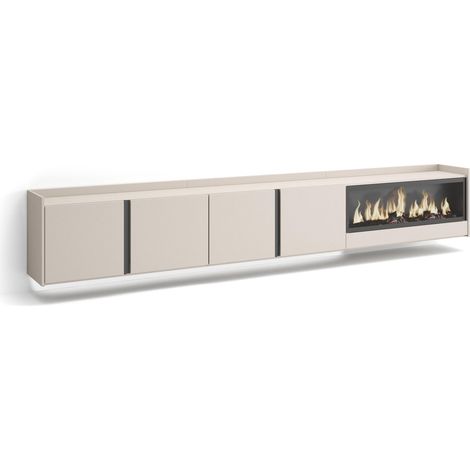 Skraut Home - Meuble TV, Banc Télé, Grand espace de Rangement, 315x35x50cm, Pour les TV jusqu'à 80", Cheminée électrique XXL, Suspendu, Mural, LED, Style moderne, Beige (1/5)