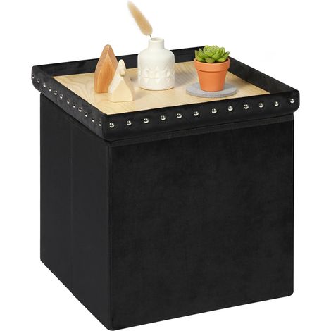 Pouf de Rangement Pliable, Coussin Velours avec Boîte de Stockage, Tabouret avec Coffre Intégré, pour Salon, Chambre et Couloir, 40x40x40 cm, Noir (1/5)