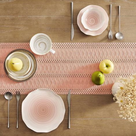 Chemin de table - nappe - Chemin de table bohème - Chemin de table rose - avec pompons noués - Décoration intérieure tissée style ferme - rose - 30 x 240 cm (1/5)