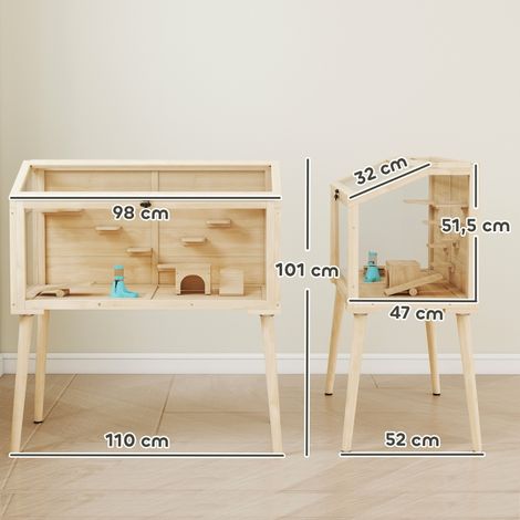 Cage hamster russe avec accessoires, enclos en bois et plastique, fontaine à eau, dimensions 110x52x101 cm, habitat pour petit rongeur avec clapier intégré. (1/5)