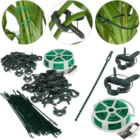 Relaxdays Set d’attache plantes set de 110 pièces. Clips stables, fils fournis le cutter, tuteur roses, tomates, vert (1/5)