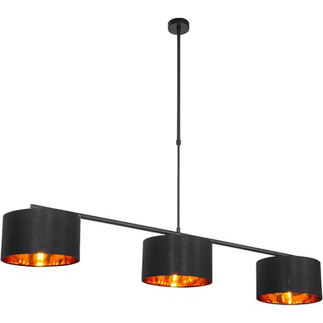 QAZQA Moderno Lámpara colgante moderna negra con dorado 125 cm 3-luces - VT 3 Textil /Acero Redonda /Alargada Adecuado para LED Max. 3 x 60 Watt