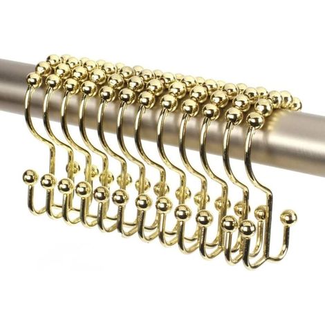 Crochets de rideau de douche en acier inoxydable, crochets doubles, 12 pièces, dorés (1/5)