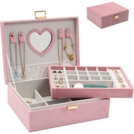 Boîte à bijoux pour femmes et filles, boîte de rangement de bijoux, grande boîte de rangement de bijoux en velours à 2 niveaux pour bagues, colliers, bracelets, montres, boucles d'oreilles (rose) (1/2)