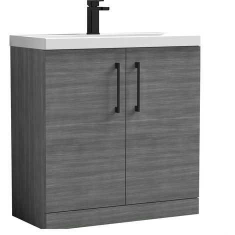 Balterley Bramshall Contemporary Bathroom Floor Standing 2-Door Vanity Unit & Mid-Edge Basin, Anthracite Woodgrain, 800mm