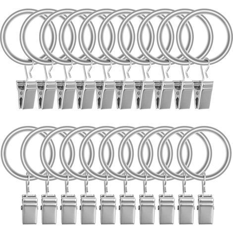 Lot de 20 Anneaux Accroche Rideau en Acier Inoxydable Mat avec Clips Crochets de Tension pour Rideaux Décoratifs Accroche Rideaux Argenté Mat (2,5 cm de Diamètre Intérieur) (1/5)