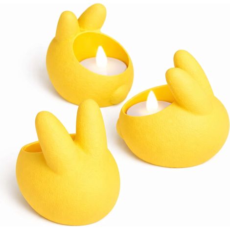 Bougeoirs lapin de Pâques, jaunes, lot de 3, avec bougie chauffe-plat LED