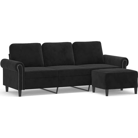 vidaXL Sofá de 3 plazas con taburete de terciopelo negro 180 cm (1/2)
