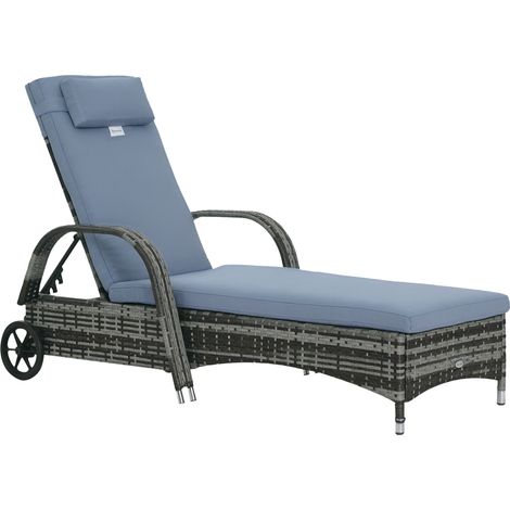 Gartenliege mit Auflage, verstellbare Rückenlehne, Metallgestell, Polyrattan, grau, 200 x 73 x 103 cm