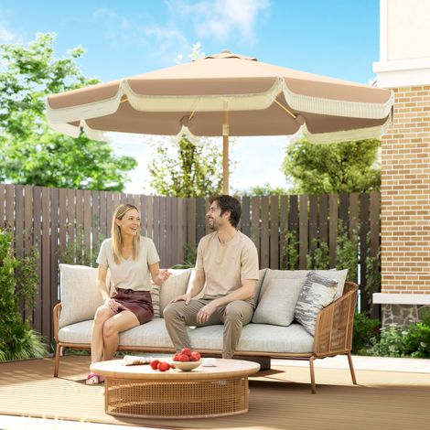 Sombrilla de Jardín Ø266x238 cm con Ángulo Ajustable Manivela y Toldo con Flecos Decorativos para Patio Terraza Caqui (1/5)