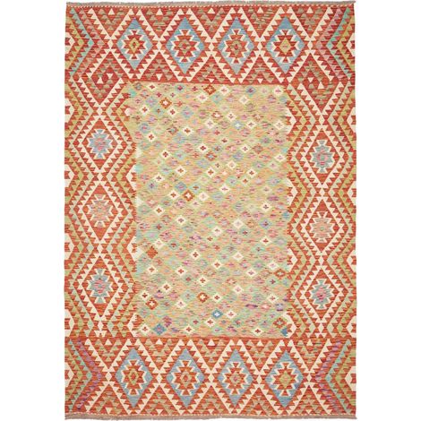 Tapis kilim 204 x 294 cm, motif ethnique, multicolore, rouge et vert, en laine naturelle, tissage plat artisanal (1/5)